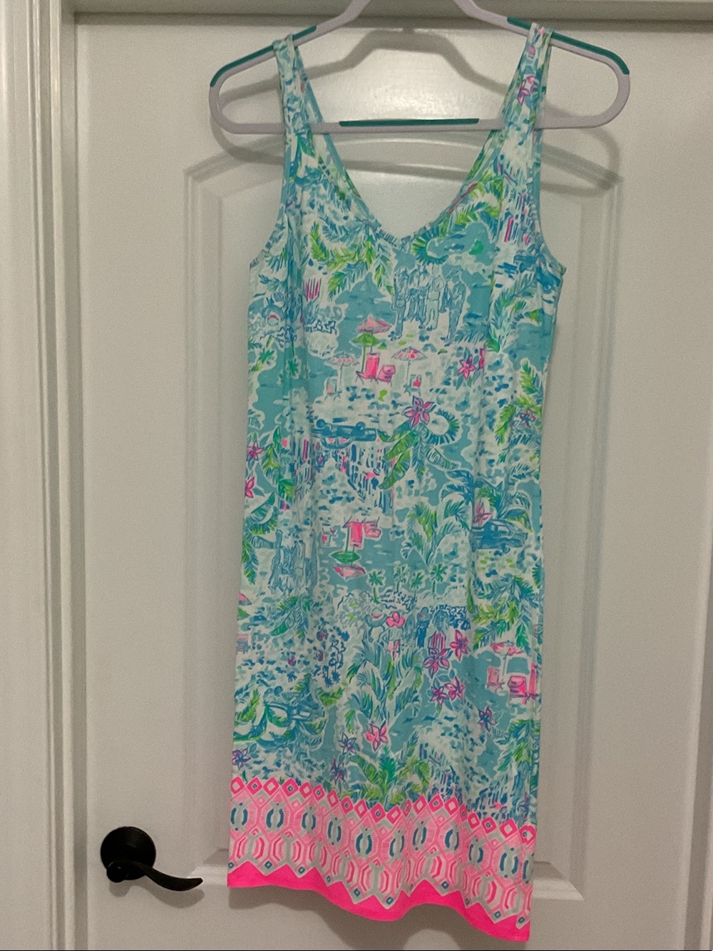 Lilly Pulitzer Aqua Floral Midi Dress with Pink Hem